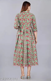 Cotton flared kurta, Mahi Star Fashion women's floral printed, three-quarter sleeves, Mandarin collar, anarkali pleated - Indian fashion